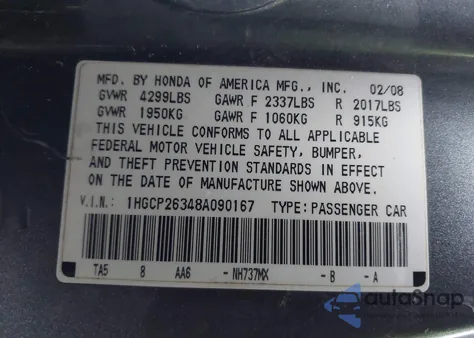 2008 Honda Accord 2.4 Lx z USA, uszkodzony, nr VIN 1HGCP26348A090167